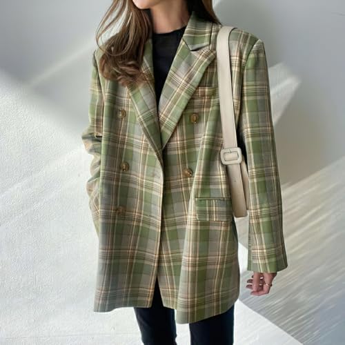 chouyatou Womens Business Casual Plaid Blazer Jacket Notched Collar Open Front Dressy Suit Loose Pea Coat 5