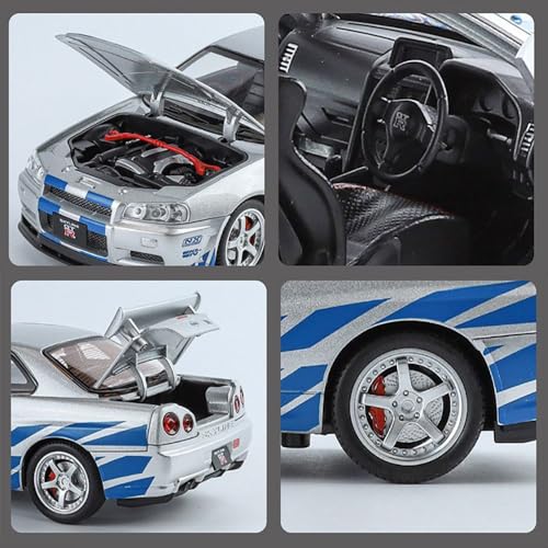 Image of 1:24 Scale Nissaan Skyline GTR-R34 Model Alloy Metal Pull Back Toy car for Kids with Openable Doors & Light, Music Toy Vehicle for Kids (1:24 Nissaan Skyline R-34 (Silver))