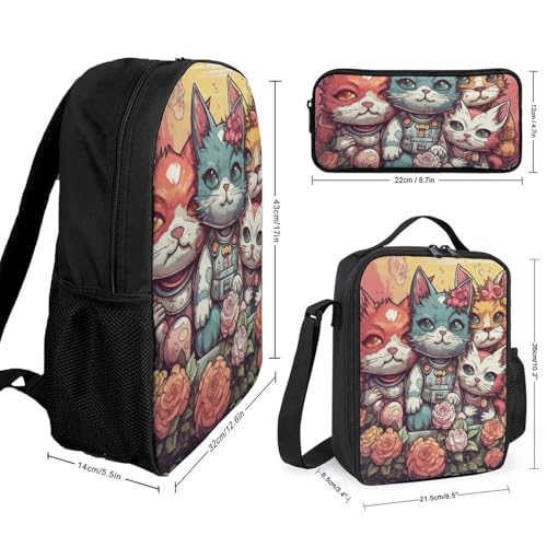 3 Piece Backpack for Women Men Lightweight Causal Daypack Shoulder Bag Set with Insulated Lunch Bag And Pencil Case Organizers Floral Punk Style2