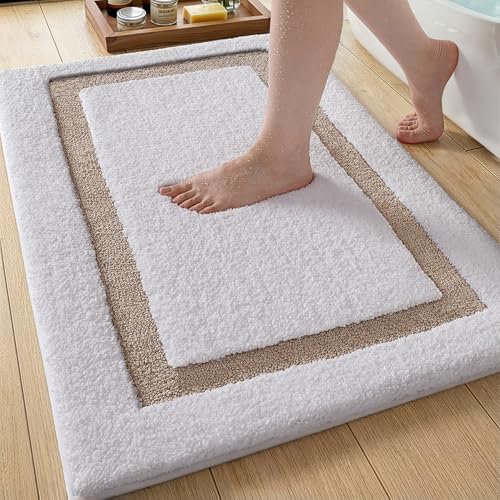 Image of Color&Geometry Extra Soft Absorbent Microfiber Bath Rugs, Non-Slip Bathroom mat, Small Washable Plush Bath Mats for Bathroom, Shower, Tub, Laundry, 17x30, White and Khaki