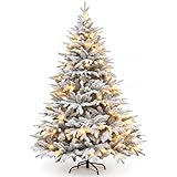 6ft Pre-Lit Snow Flocked Christmas Tree with LED Lights 866 Branch PE+PVC Mixed Tips Xmas Trees Bushy Artificial Lapland Fir Christmas Tree Fake Pine Tree with Metal Stand Easy to Assemble 180cm