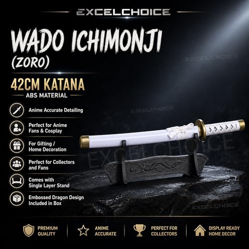 Image of EXCELCHOICE One Piece Zoro Wado Ichimonji Katana Sword 42cm Bamboo Wood Anime Katana Roronoa Zoro (Stand Included) Perfect for Anime Gift, Cosplay, Decoration, Display