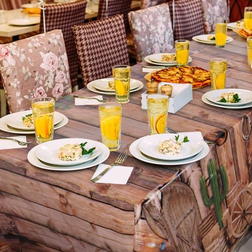 Image of 3 Pack Western Party Tablecloths, 54 x 108 Inch Disposable Plastic Western Cowboy Table Cover for Rustic Farmhouse, West Wooden House, Western Theme Birthday Decorations Outdoor Indoor Party Supplies