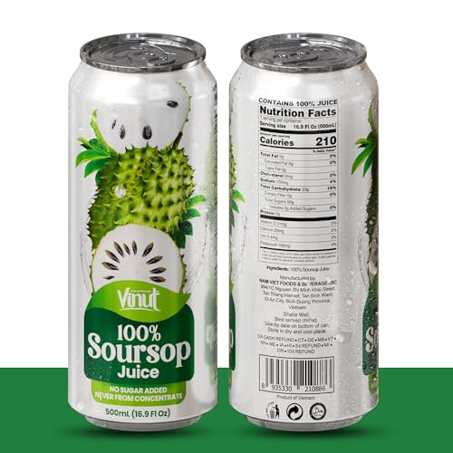 Image of VINUT 100% Soursop Juice, No Added Sugar, Not From Concentrate, 16.9 fl oz (500 mL) Can, Pack of 12