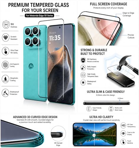 Image of ArmourPro UV Tempered Glass for Motorola Edge 60 Fusion 5G with Blue Camera Ring Guard Combo, Crystal Clear Screen Protector, Case Friendly, Anti-Scratch, Bubble-Free Installation Kit