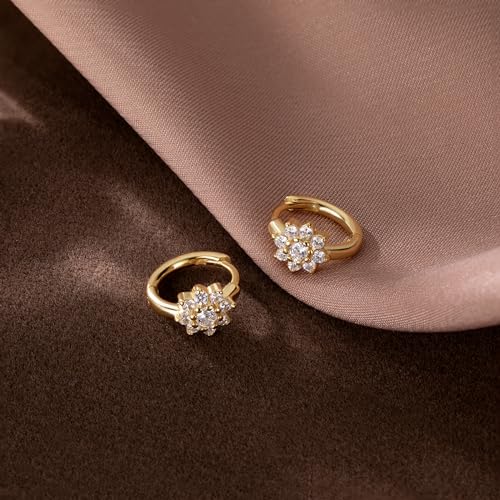 Reffeer Solid 925 Sterling Silver CZ Flower Hoop Earrings Huggie for Women Teens Cluster Flower Hoop Earrings Spring4