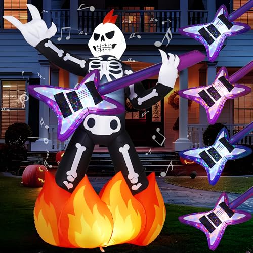 JOYIN 6ft Halloween Inflatable Skeleton Plays Guitar Spooky Inflatable Skeleton with Music and Color LED Lights Blow Up Yard Decoration for Halloween Outdoor Decoration Garden Lawn Party Decor