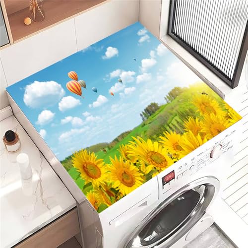 Hixingo Lavadora Estera Protectora, Cubre Lavadora, Funda Secadora Carga Superior, Protector Cubre Antideslizante para Secadoras, Cocinas, Autocaravanas, 3D Flores (Girasoles 02,50 * 50cm)