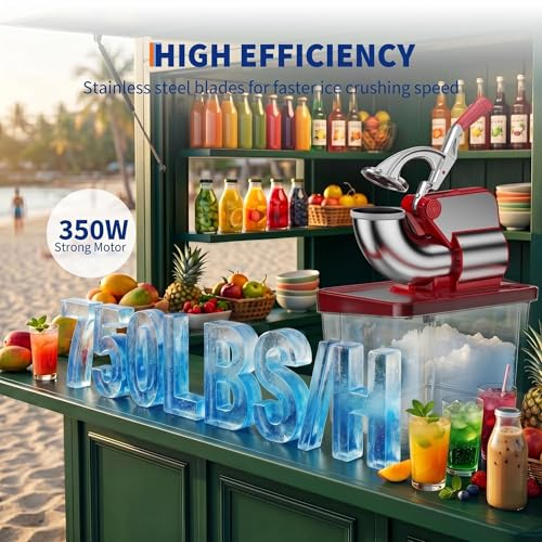 Commercial Ice Crusher 661LBS/H, 300W Electric Snow Cone Machine with 4 Stainless Steel Blades, 1450RPM, 8.98Gal Hopper Shaved Ice Maker with Safety On/Off Switch for Home, Restaurants, Bars, Red - image 4