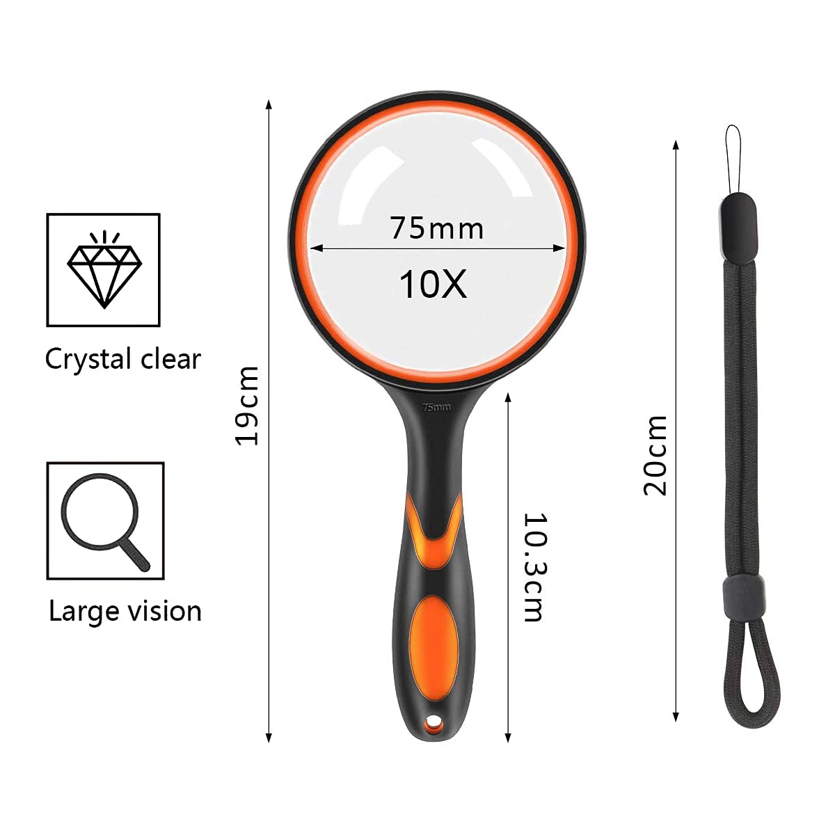 Vicloon Lente d'Ingrandimento 10X 75mm Portatile con Manico in Gomma Morbida Antiscivolo