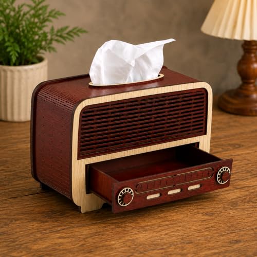 Image of Retro Wooden Tissue Box with Storage Drawer | Vintage Tissue Paper Holder for Home, Office & Car | Multipurpose Decorative Organizer Box