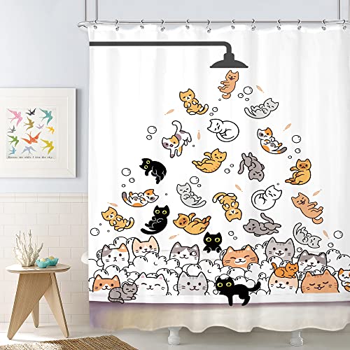 SVBright Cat Shower Curtain for Kids?Cute Shower Curtains?Funny Cat Lover Fabric Shower Curtain?Cartoon Animal Hilarious Water Bathroom Children 60Wx72L Inch Waterproof Polyester Bathtub 12 Pack Hooks