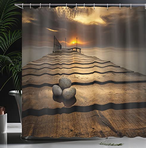 ABAKUHAUS Ocean Shower Curtain, Black Sea at Dusk Sunrise Tranquil Scene Coastline with Wooden Pier Picture - Image 3