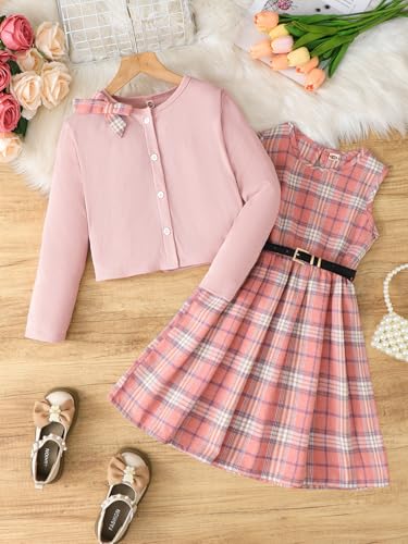 Image of PureChapter Girls' Preppy Clothes Plaid Vest Dress Cardigan Jacket Belt Cute Kids Clothes 7-14Y Green