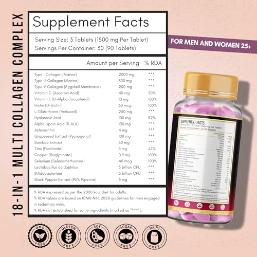 Image of Multi Collagen Complex Tablets - 3000mg . Types I, III & V | 18 Actives: Reduced Glutathione, Hyaluronic Acid, Astaxanthin & Biotin | Skin, Hair & Nail Daily Beauty Nutrition | 90 Tablets (30 Days)
