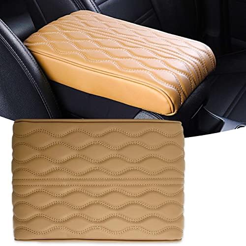 Miytsya 1 Pack Car Armrest Box Height Increase Cushion, Wave Pattern Memory Foam Armrest Box Cover, 12.59″ x 8.66″ x 1.96″ Leather Middle Consoles Protector, for Most Car, SUV, Truck Interior (Camel)