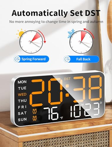 Image of Digital Wall Clock, LED Alarm Clock with Day & Date, Temperature. 5-Level Brightness for Home Office, Bedroom, Living Room, Classroom, Modern Decor Design (8.4''x4.3'') (Orange)