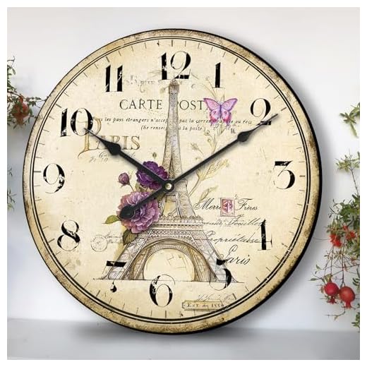 24 Inch Vintage Wall Clocks Paris Tower Farmhouse Clock Retro Wall Clock Rustic Wall Decor Clock Eiffel Tower & Purple Flower Silent Scan Non-Ticking for Home Living Room Bedroom