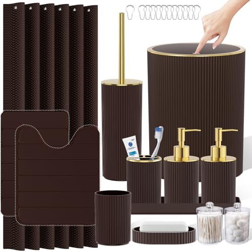 Brown Bathroom Accessories Set - Bathroom Sets 25PC Bath Accessory Set Bathroom Sets with Push Top Trash Can Shower Curtain and Rugs Toilet Brush Trash Can & Soap Dispenser