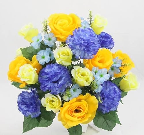 Admired By Nature Abn1B018-Citru-Bl-Yw Artificial Spring Flower Bush 24 Stem Rose/Carnation Mixed Bush, Citrus/Blue/Yellow #TOP25