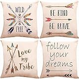 ZUEXT Decorative Boho Arrows Throw Pillow Covers 18 x 18 Inch 2 Side Print with Blessed Words Wild & Free Follow Your Dreams, Set of 4 Outdoor Cotton Linen Spirit Pillowcases for Couch Home Deocr