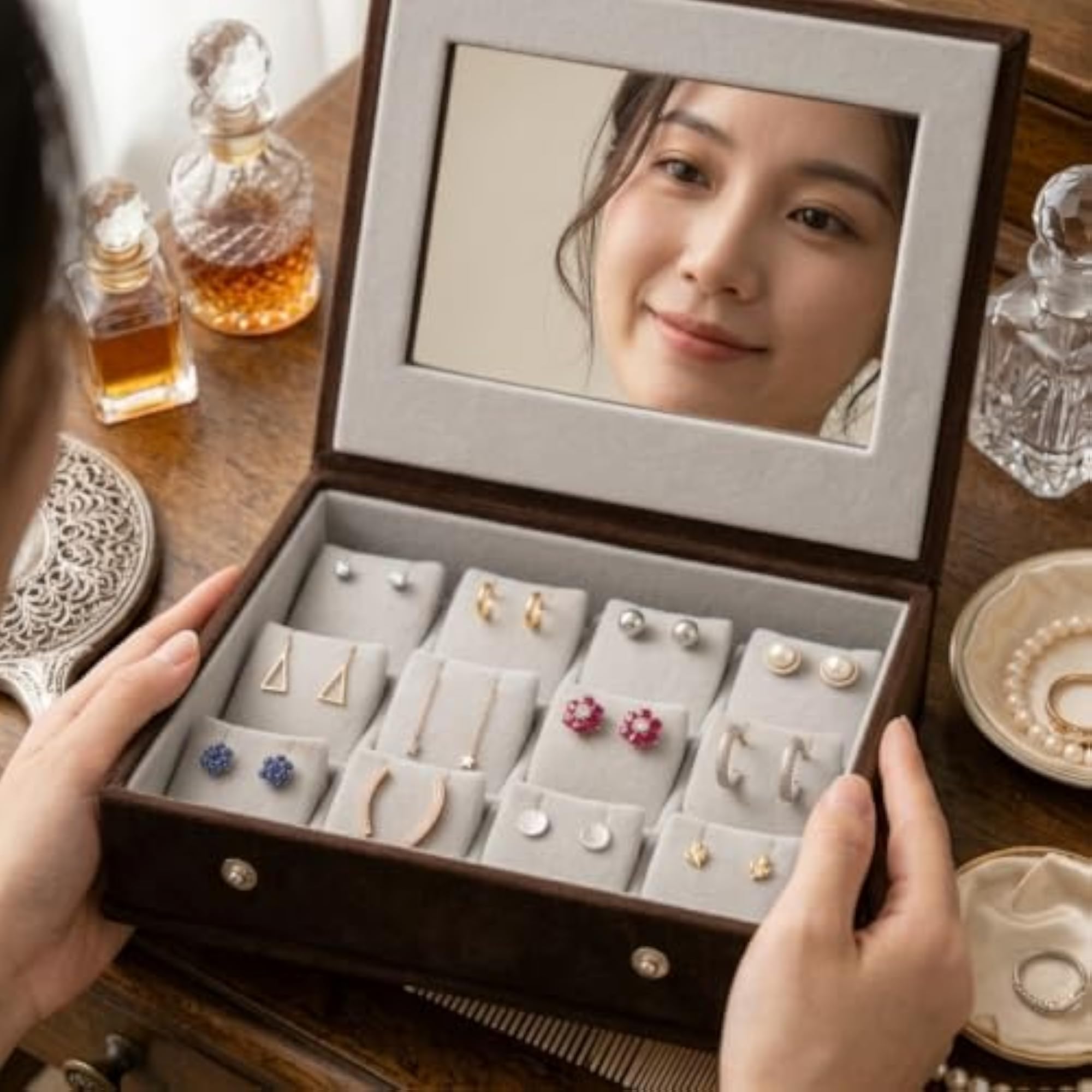 Earring Organizer Box with Mirror, 12 Pair Storage