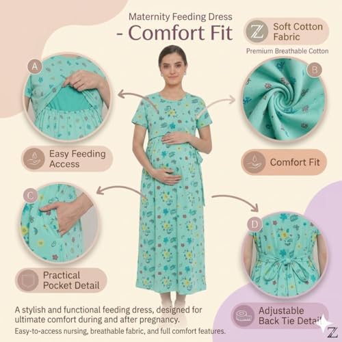 Image of Zero Clothing Feeding Dress for New Moms Casual Loungewear Ankle Length | Cotton Maternity Nighty | Zipless Feeding Dresses for Women | Pregnancy & Nursing Wear
