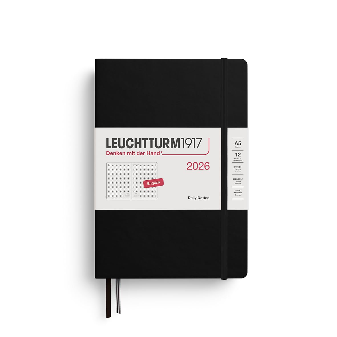 LEUCHTTURM1917 372780 Agenda giornaliera Dotted Medium (A5) 2026, Nero, Inglese