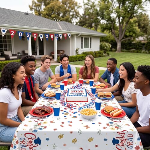 Image of Ganeen 3 Pcs Graduation Tablecloth Floral Class of 2026 Congrats Grad Table Cloth Red Blue Disposable Plastic Rectangle Table Cover for 2026 Graduation Decoration Grad Party Supplies, 54 x 108 Inch