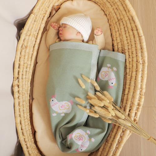 Image of mimixiong Baby Blanket Knit Receiving Boys Girls Blanket Soft Cotton Neutral Blanke for Swaddle Crib Stroller with Cute Sheep (Chicken-Green, 30x40 Inch (Pack of 1))