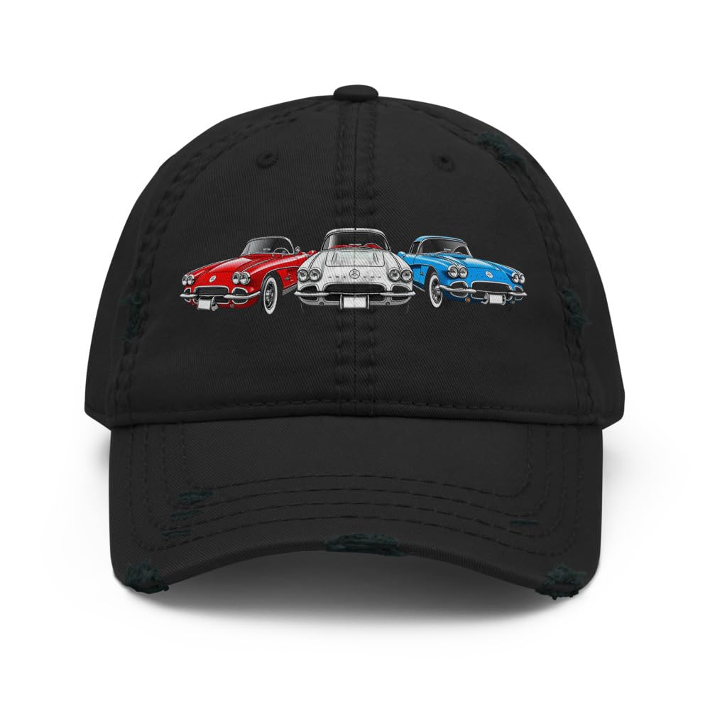 1961 Corvette Distressed Dad Hat - Czerwony, Biały i Niebieski Klasyczny C1 Czapka Samochodu Sportowego