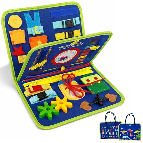 Montessori Busy Book for Toddlers 1-3 Busy Book for 1 Year Old Sensory Busy Board with Zipper Buckle Velcro & Lacing Fine Motor Skills Hand-Eye Coordination Travel Toy Gift for Boys Girls
