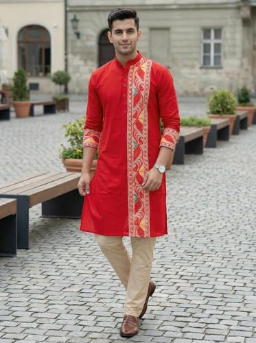 Image of Men's Jamdani Printed Kurta Pajama Set | Pure Cotton Ethnic Kurta with Mandarin Collar & Dupion Silk Pyjama | Festive & Weddings 303A12A 303SB12B(M XXL)