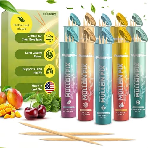 Image of Mullein Pix Flavored Toothpicks Infused with Mullein Leaf, Extra Thick Natural Alternative to the Hand-to-Mouth Habit, 2 Pack 5 Flavor Variety, Plant-Based Herbal Sticks, Nicotine Free, Kosher Vegan