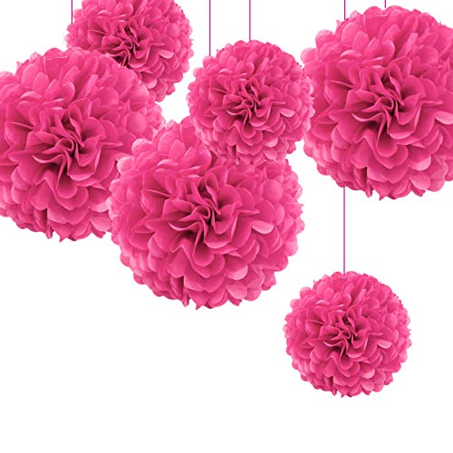 Little Snow Direct 6 Pieces Mixed Large Tissue Paper Pom Poms Flower Wedding Party Garlands Birthday Gift Wrap Nursery Home Decoration - Hot Pink, 15 Inch and 20 Inch