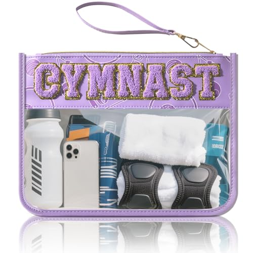Gymnastics Gifts Cosmetic Makeup Bag Gymnastics Stuff Accessories Portable Toiletry Storage Bag with Chenille Letter Clear Zipper Toiletry Pouch