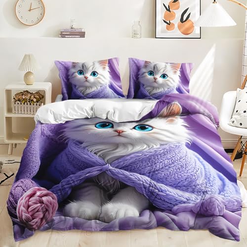 TKCQX Chat Mignon Housse de Couette 90x190 Enfant Garçon Fille Adulte Parure de Lit 90x190 Chat Blanc Housse de Couette Enfant en Microfibre avec Taie...