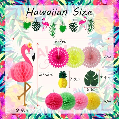 Image of Hawaiian Tropical Birthday Party Decorations, Flamingo and Palm Leaves Banner Pineapple Flamingo Honeycomb Ball Tissue Paper Fan Pom poms Flowers for Summer Luau Beach Party Suuplies
