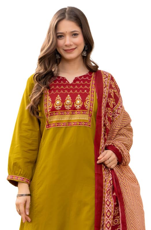 Image of Amayra Women's Cotton Straight Kurta Set with Palazzo Pants & Dupatta- Ethnic Wear