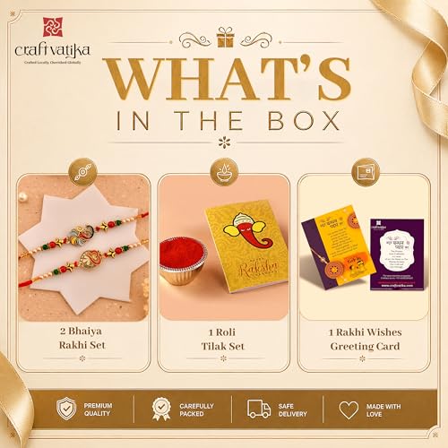 Image of CraftVatika Kundan Rakhi Set for Brother Set of 2, Designer Peacock Rakhi for Brother Boy Men, Premium Kalash Raki for Bhaiya, Traditional Rakshabandhan Rakhis with Best Wishes Card and Tillak Set