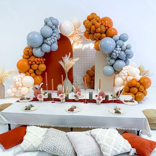 Image of Burnt Orange and Blue Fall Balloons, 12 Inch 35PCS Dusty Blue Orange Taupe Peach Balloon, Fall Balloons for Birthday Baby Shower First Fall Thanksgiving Autumn Harvest Market Themed Party Decorations