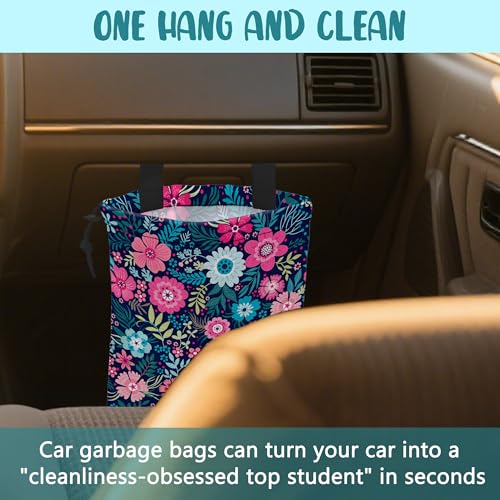 Image of Car Garbage Bag Abstract Blue Pink Flowers Hanging Canvas Car Trash Bag Waterproof Drawstring Car Back Seat Organizer for Car Back Front Seat Console with Adjustable Buckle