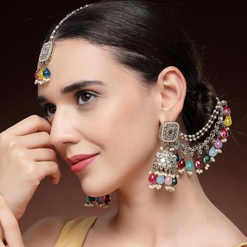 Image of ZENEME Traditional Gold Plated Kundan And Pearl Beaded Baahubali Jhumkas With Multi Layered Ear Chain Earrings for Women & Girls