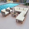 Janusline 9-Piece Patio Rattan Furniture Set, Outdoor Patio Furniture, All-Weather Outdoor Wicker Sectional Conversation Set with Arm Chairs and Table, Acacia Wood Legs, Washable Cushion, Beige