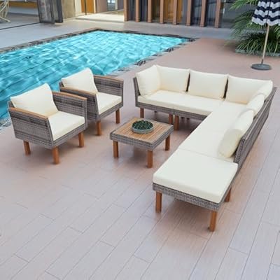 Janusline 9-Piece Patio Rattan Furniture Set, Outdoor Patio Furniture, All-Weather Outdoor Wicker Sectional Conversation Set with Arm Chairs and Table, Acacia Wood Legs, Washable Cushion, Beige