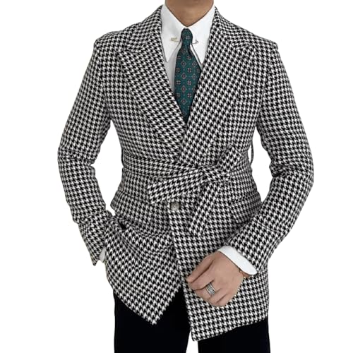 Mens Houndstooth Grid Plaid Check Blazer Business Dress Slim Fit Tweed Jacket Winter Coat