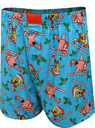 Briefly Stated Mens SpongeBob and Patrick Merry Christmas Boxer Shorts (Medium) Blue