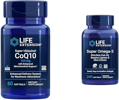 Life Extension Super Ubiquinol CoQ10 con soporte mitocondrial mejorado, ubiquinol CoQ10 y aceite de pescado Super Omega-3 EPADHA, lignanos de sésamo