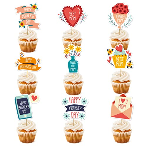 Happy Mothers Day Cupcake Toppers Mother’s Day Decorations Best Mother Cupcake Picks For Party Supplies Hearts Flowers Letters Design Bake Dessert Favors Family Photo Props For Adults Kids 36Pcs #TOP1