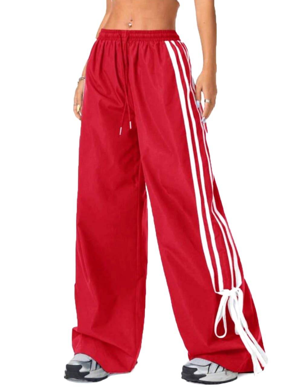 Women's Wide Leg Track Pants, Red with White Stripes, High Waist, Tie Hem Detail, Sporty Casual-picture-40